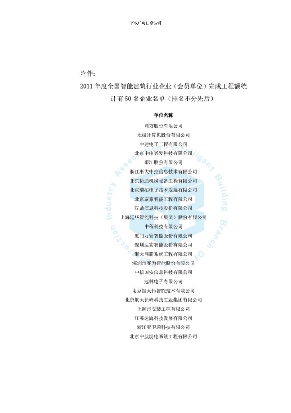 关于公布2024年度全国智能建筑行业企业会员单位完成工程额统计前50名企业名单的通知_第2页