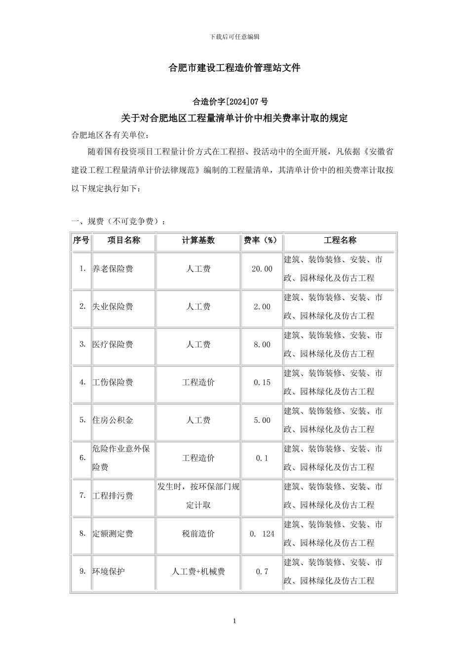 关于对合肥地区工程量清单计价中相关费率计取的规定-合造价字07号_第1页