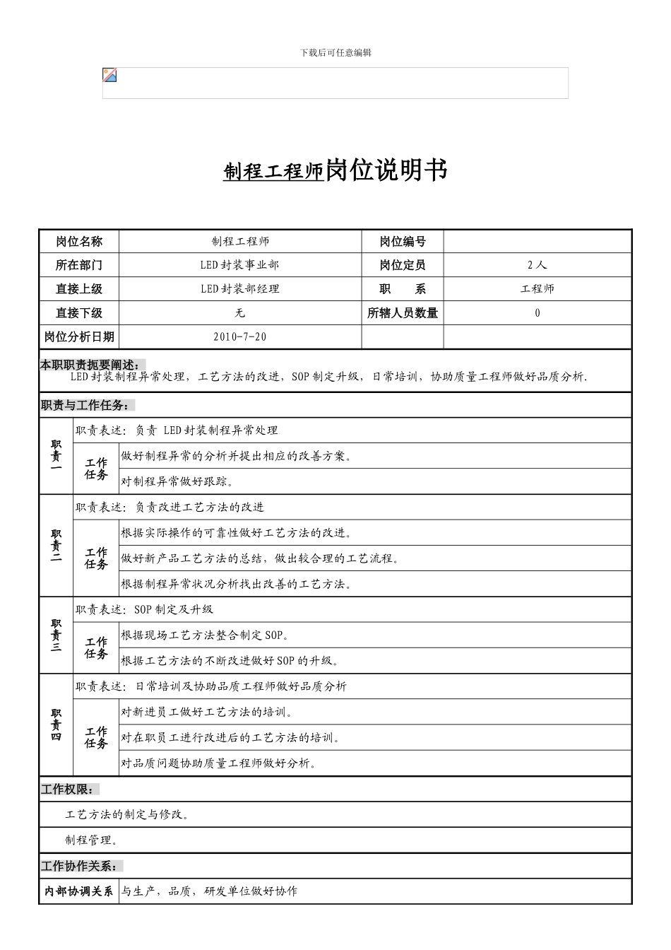 制程工程师岗位说明书_第1页