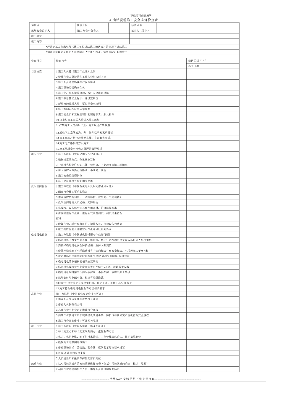 加油站现场施工安全监督检查表_第1页