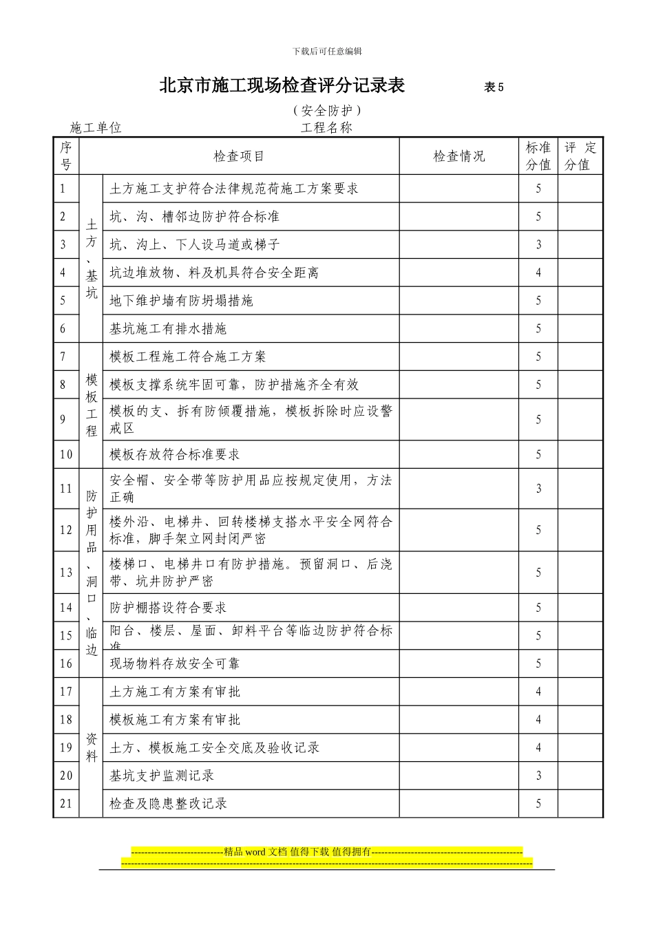 北京市施工现场检查评分记录表表5_第1页