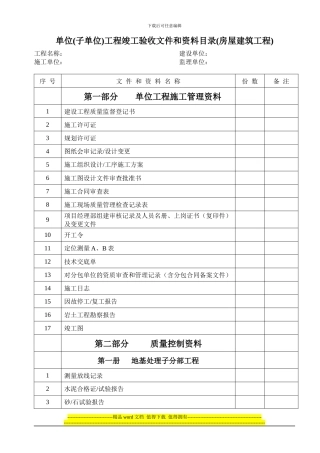 单位工程竣工验收文件和资料目录