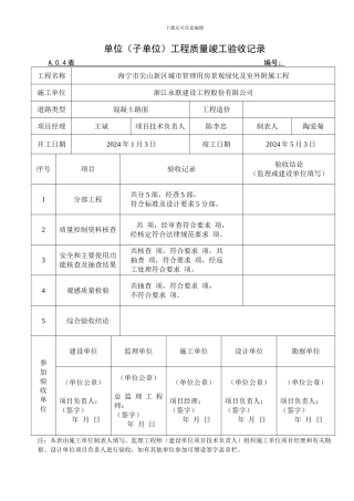 单位工程质量竣工验收记录