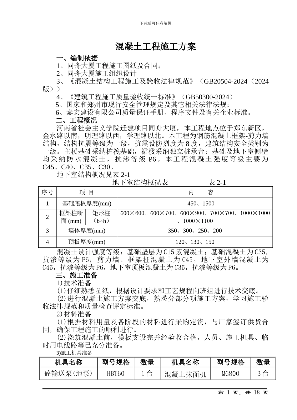 同舟地下室混凝土施工方案_第1页