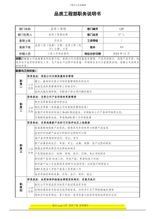 品质工程部职务岗位职责说明书