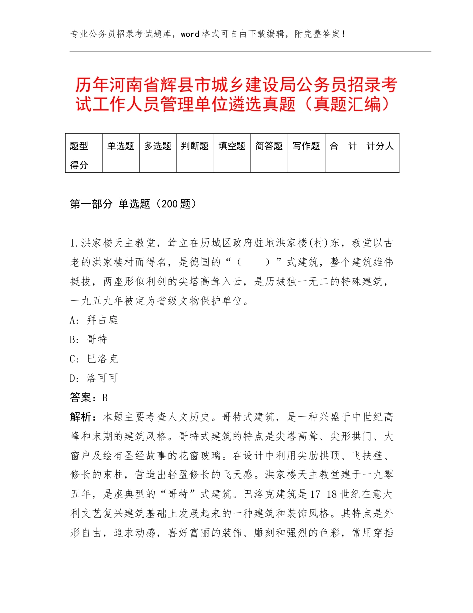 历年河南省辉县市城乡建设局公务员招录考试工作人员管理单位遴选真题（真题汇编）_第1页