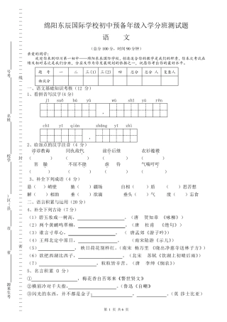 绵阳东辰国际学校初中预备年级入学分班测试题(语文)与答案