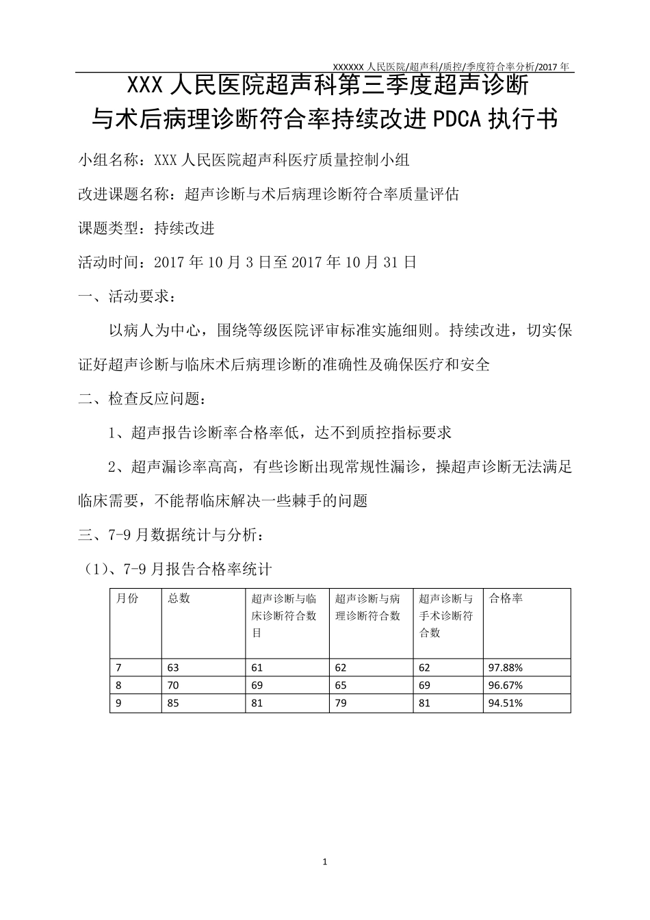 超声科第三季度超声诊断与术后病理诊断符合率持续改进(修正)_第1页