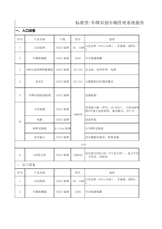 车牌识别车辆管理系统清单(1进1出