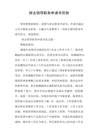 辞去领导职务申请书范例