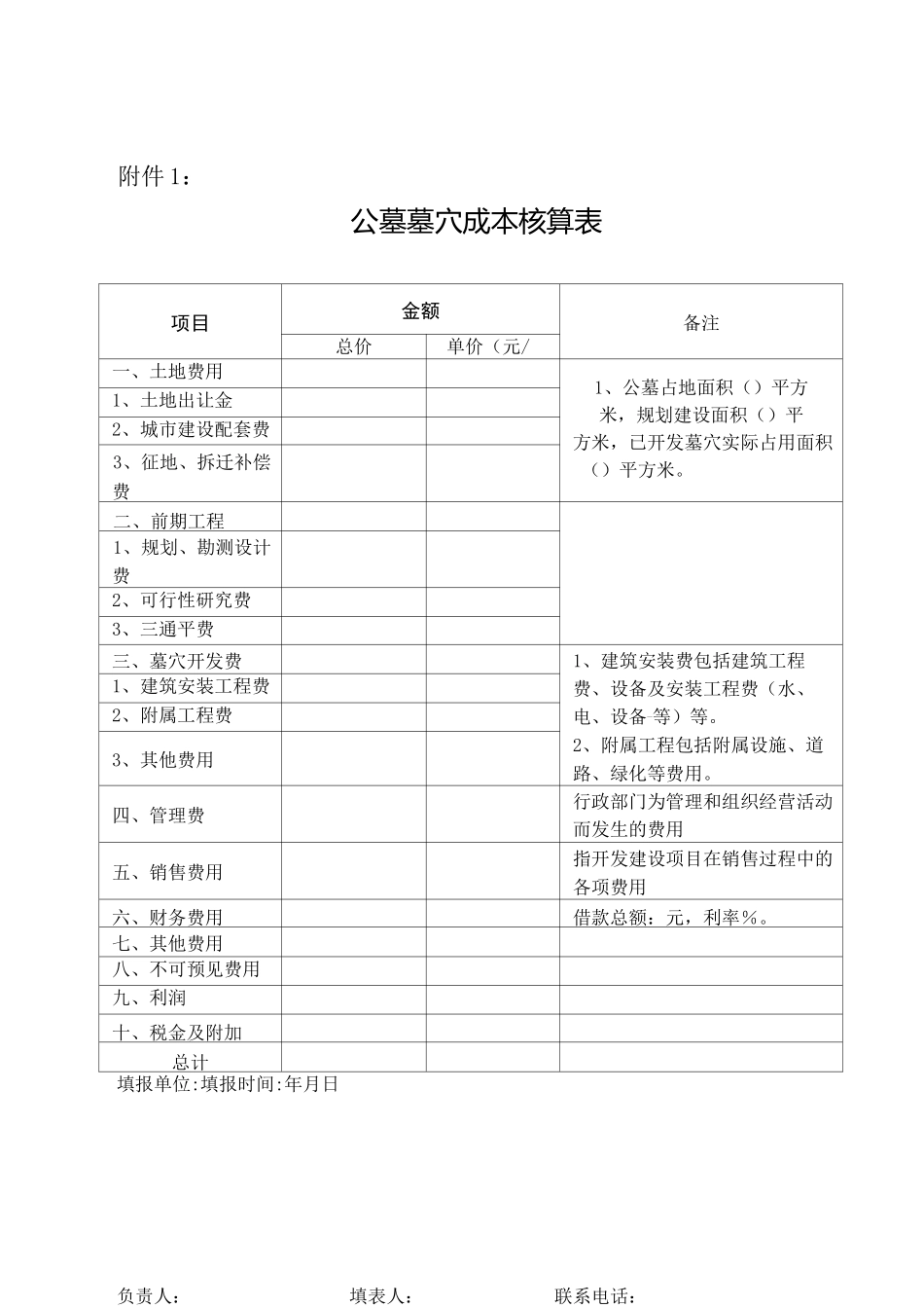 公墓墓穴成本核算表_第1页