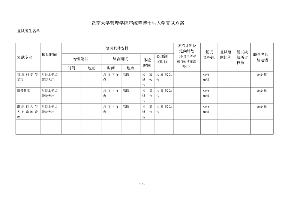 暨南大学管理学院2018年统考博士生入学复试方案_第1页