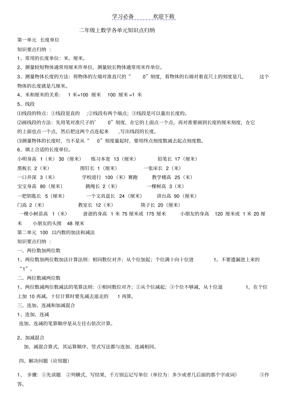 最新人教版二年级数学上册全册概念知识点整理_第1页