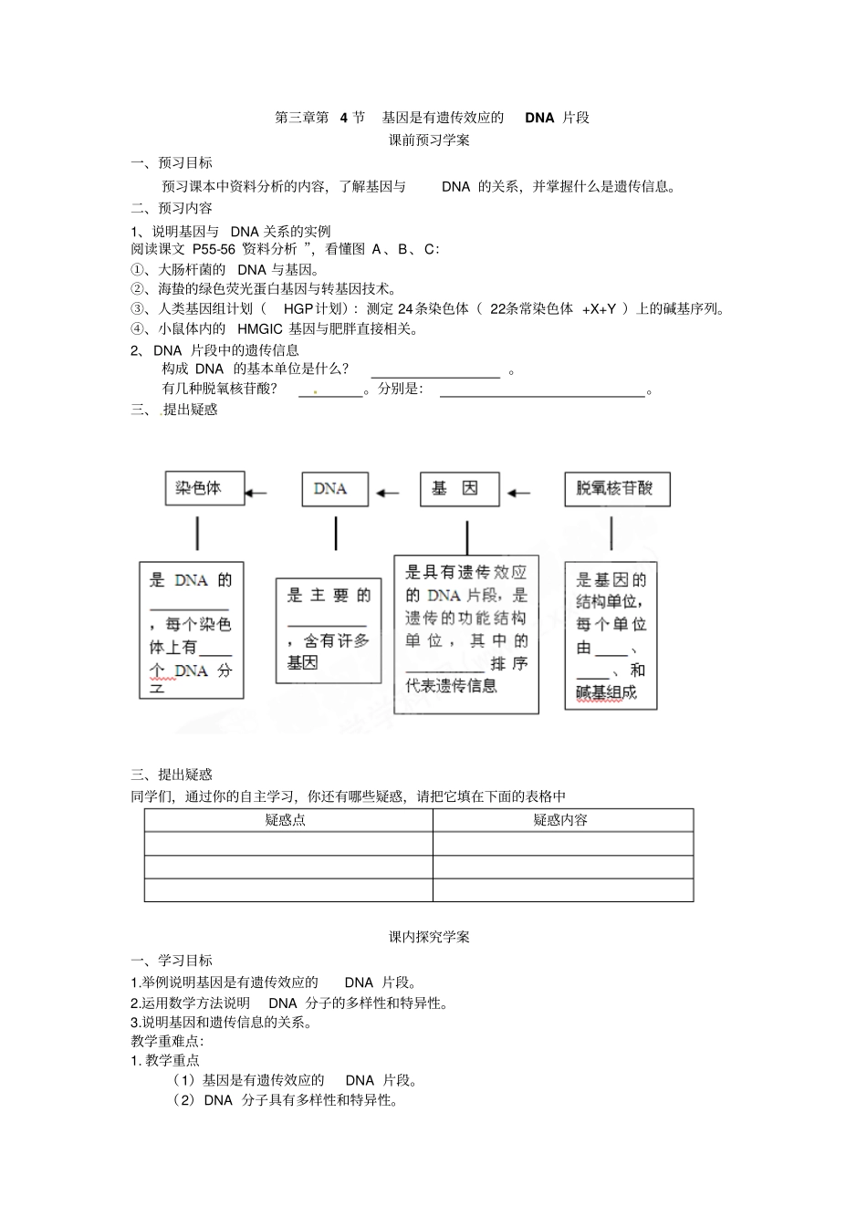 最新人教版高中生物必修二第4节基因是有遗传效应的DNA片段导学案_第1页