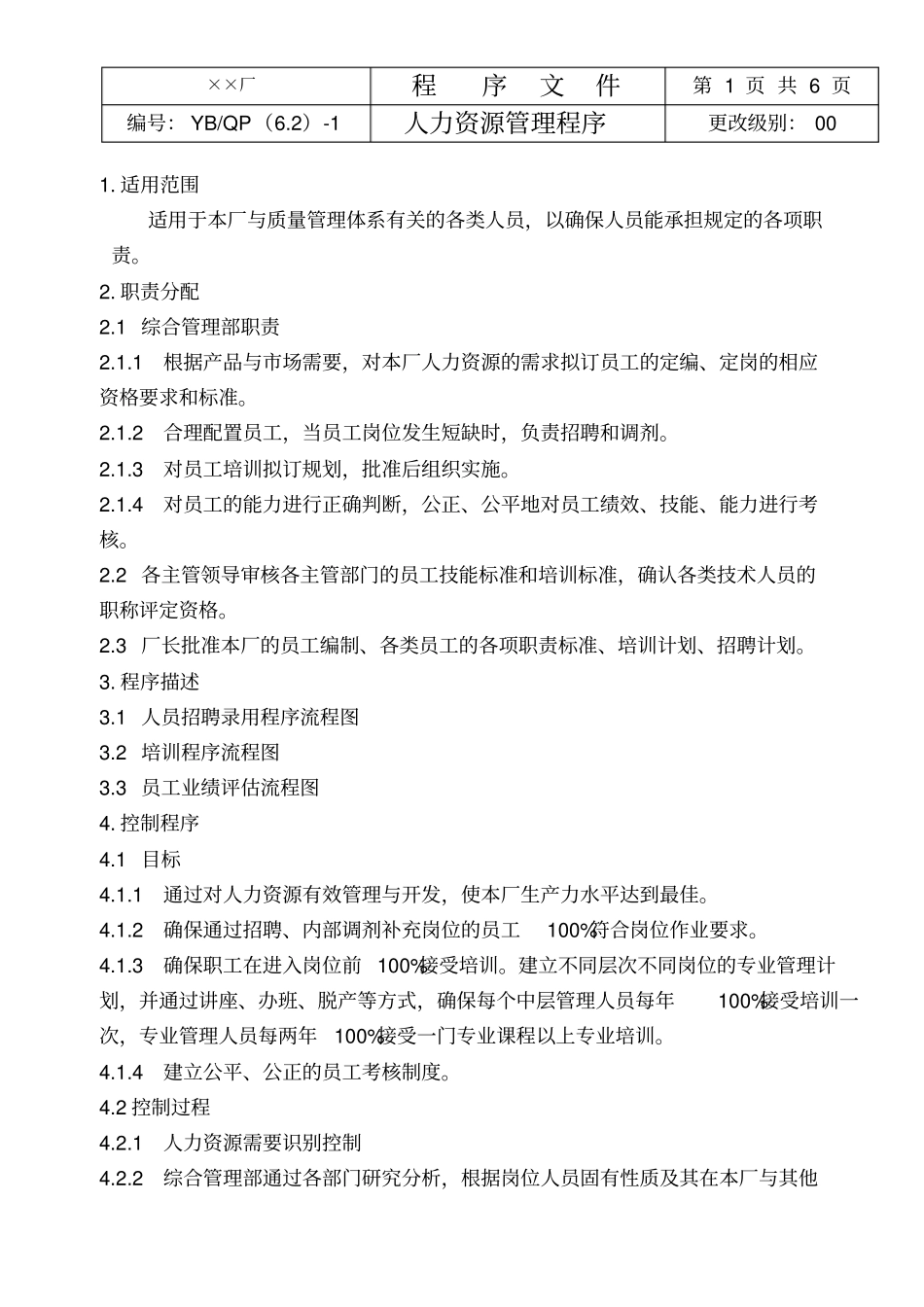 最新完美版XX电子厂ISO16949人力资源管理程序_第1页