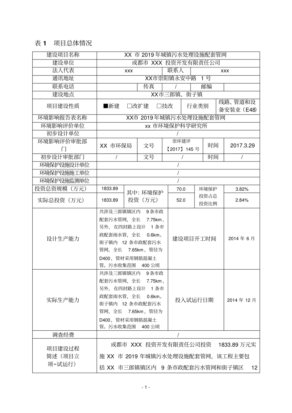 最新完美版XX2019年城镇污水处理设施配套管网建设项目竣工环境保护验收调查表_第3页