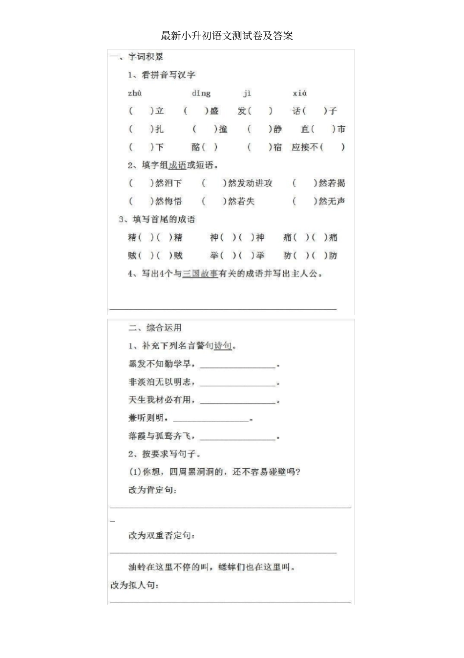 最新小升初语文测试卷及答案_第1页