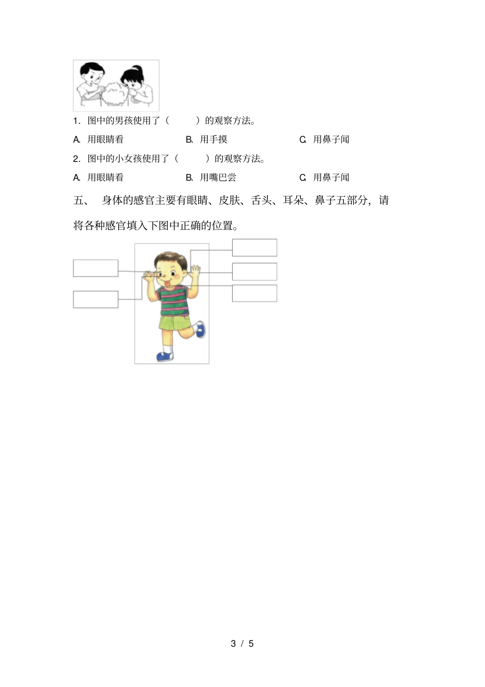 最新教科版一年级科学上册期末考试题免费_第3页