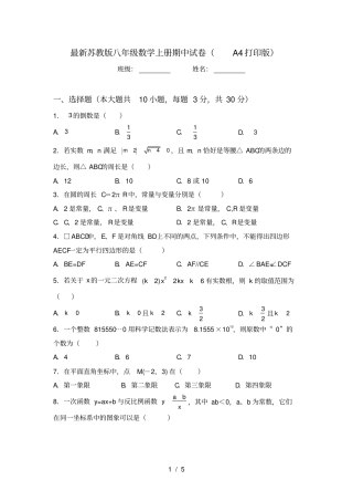 最新苏教版八年级数学上册期中试卷A4打印版