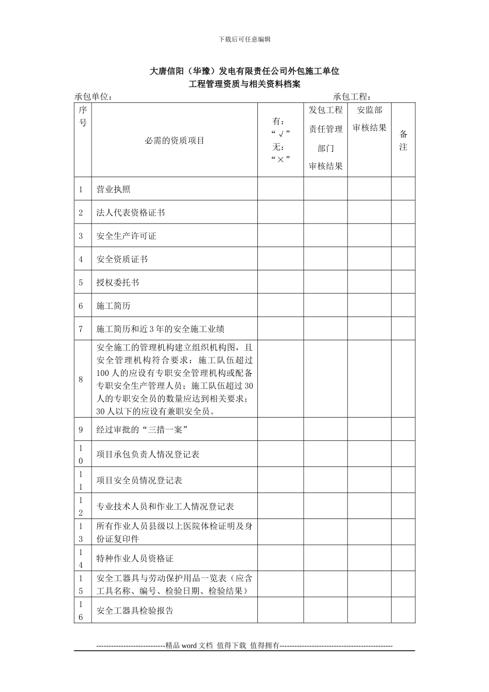 外包施工单位工程管理资质与相关资料档案提供备查材料_第1页