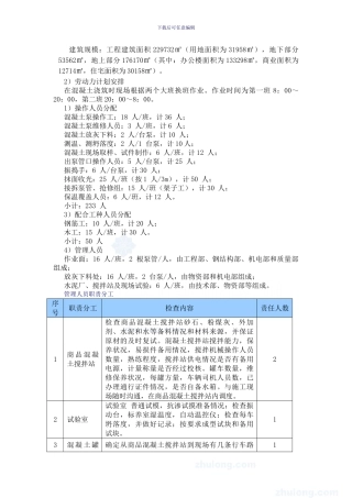 大体积混凝土施工方案劳动力安排及材料计划