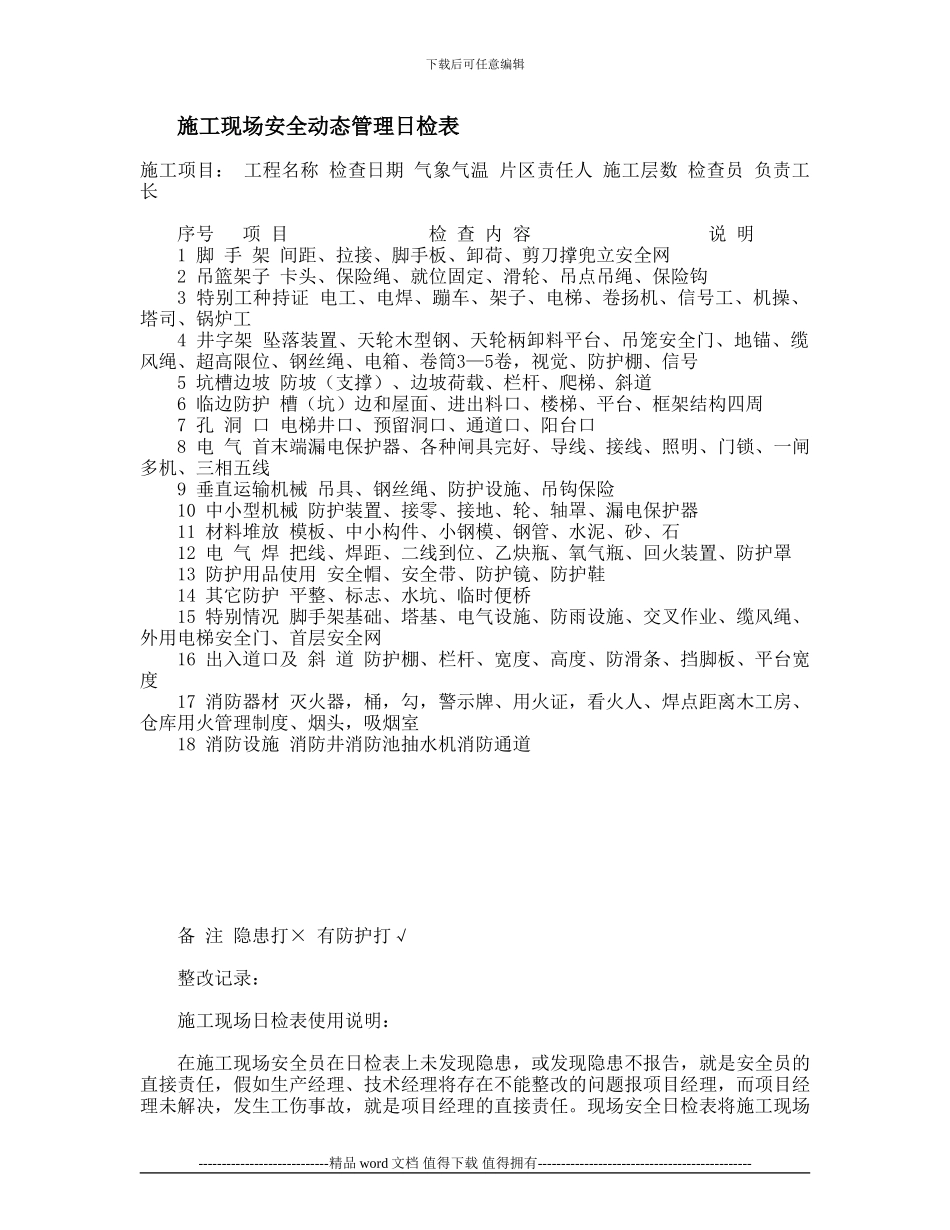 安全员施工现场安全动态管理日检表_第1页