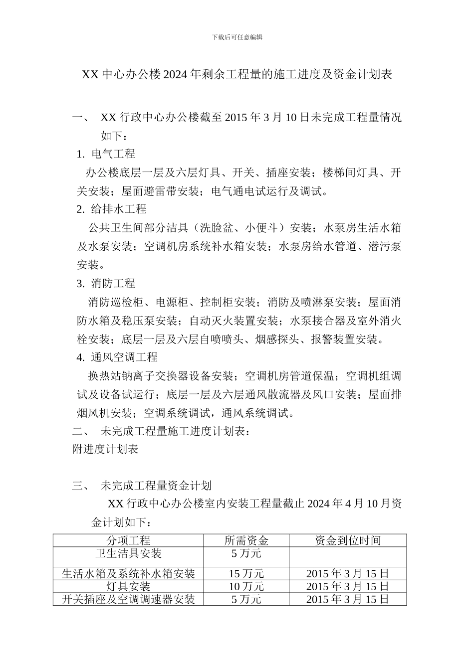 安装工程剩余工程量及进度表、资金计划、情况说明_第1页