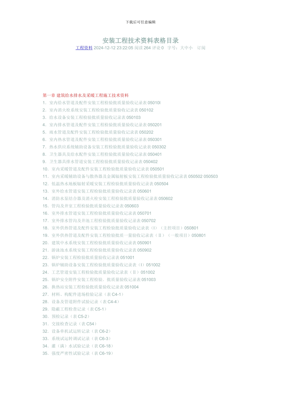 安装工程技术资料表格目录_第1页