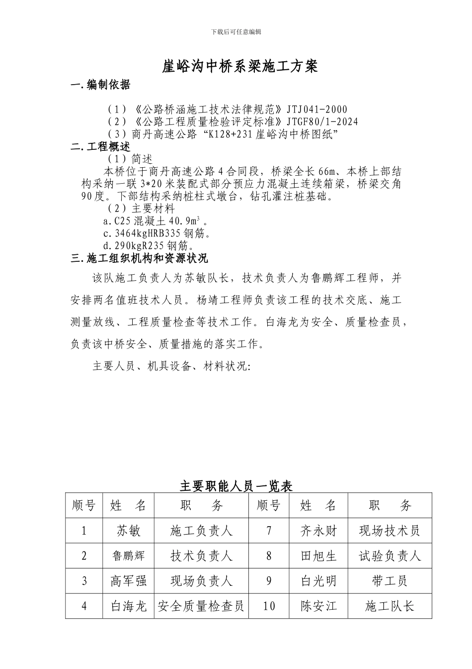 崖峪沟中桥系梁施工方案_第1页
