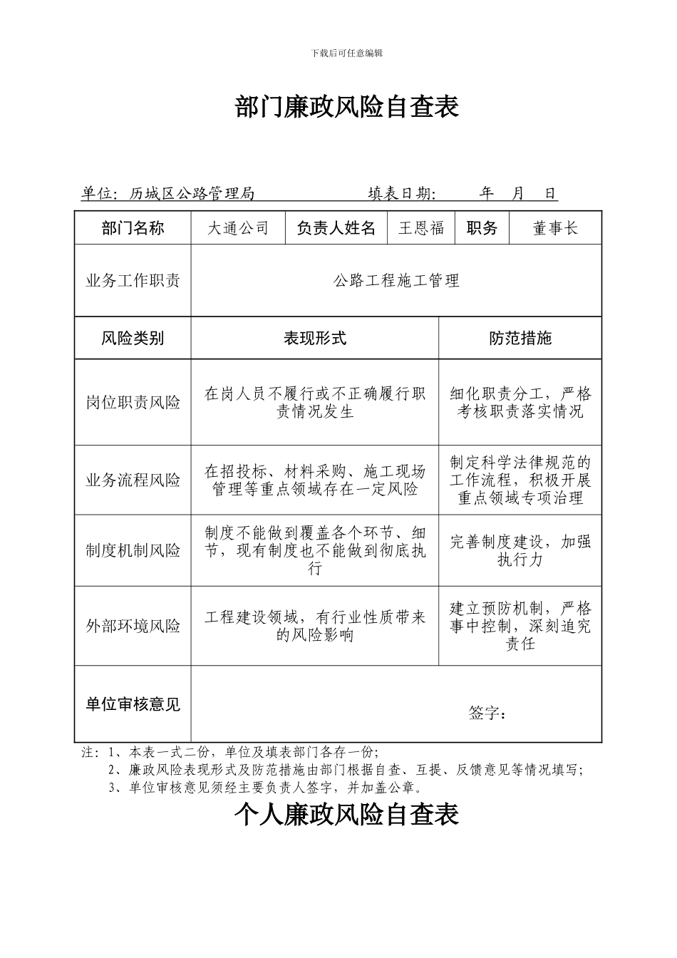 工程个人廉政风险自查表_第1页