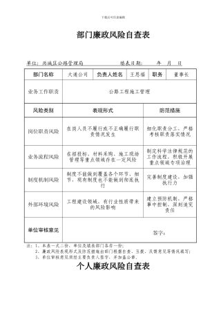 工程个人廉政风险自查表