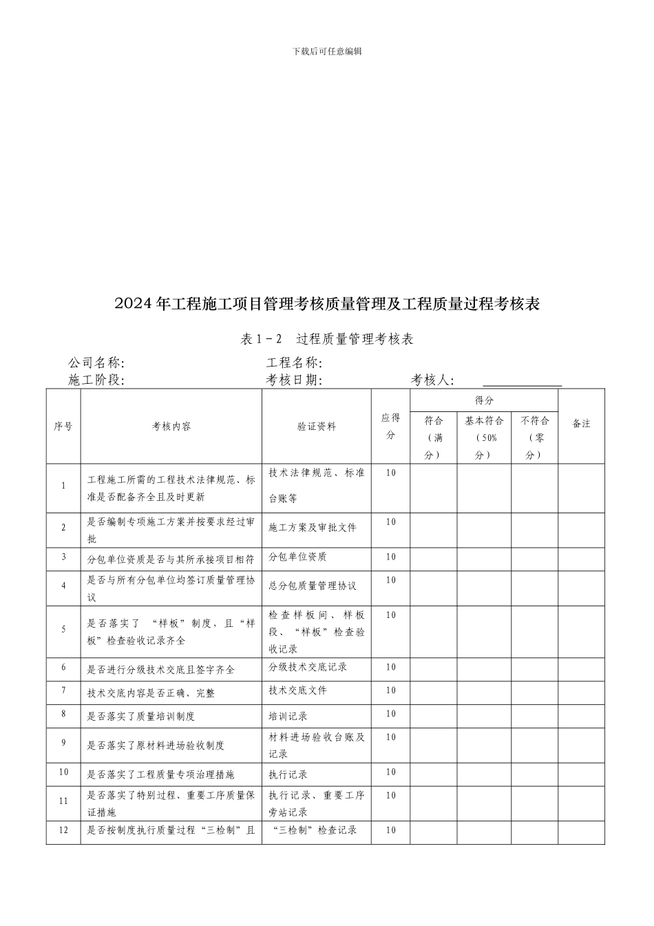 工程施工项目管理考核质量管理及工程质量过程考核表_第3页
