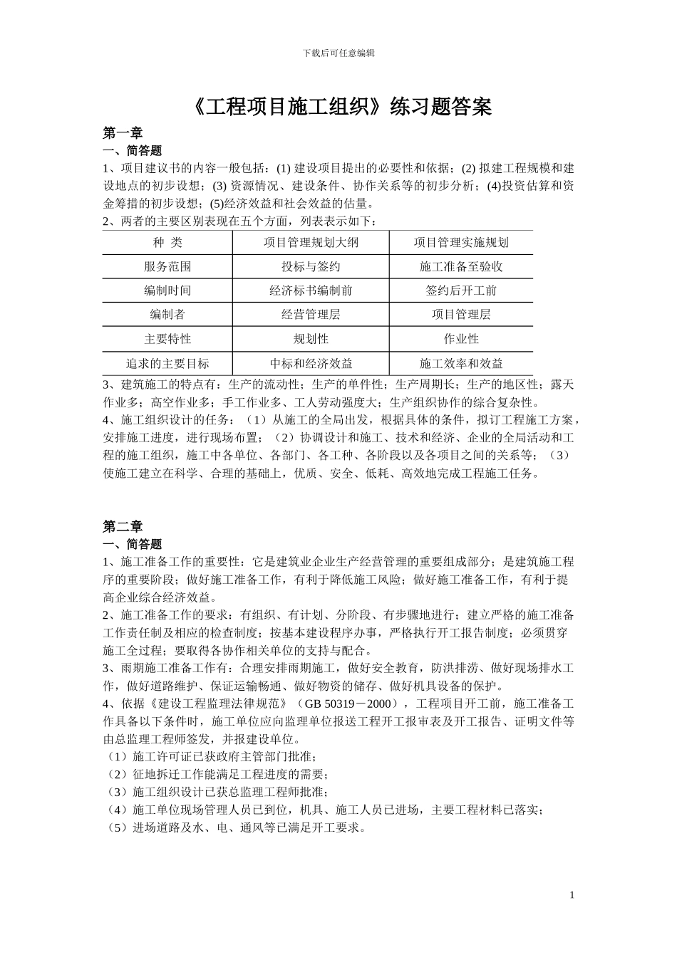 工程项目施工组织练习题-答案_第1页