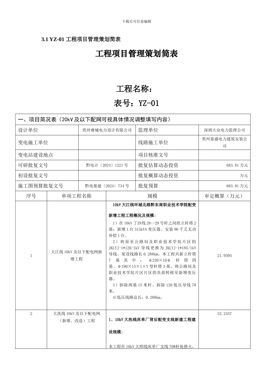 工程项目管理策划简表_第1页
