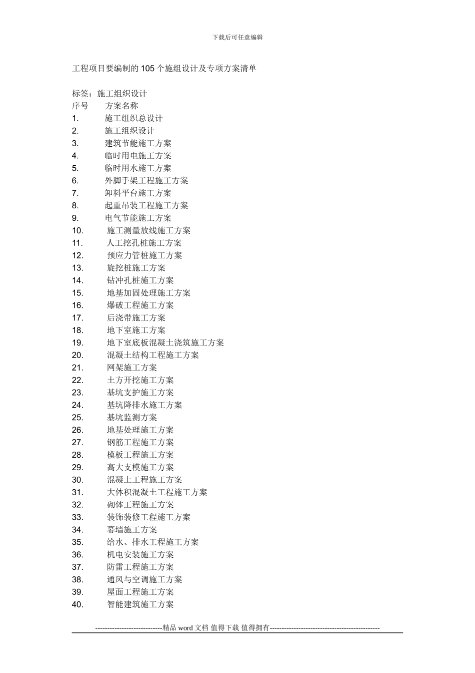 工程项目要编制的105个施组设计及专项方案清单_第1页