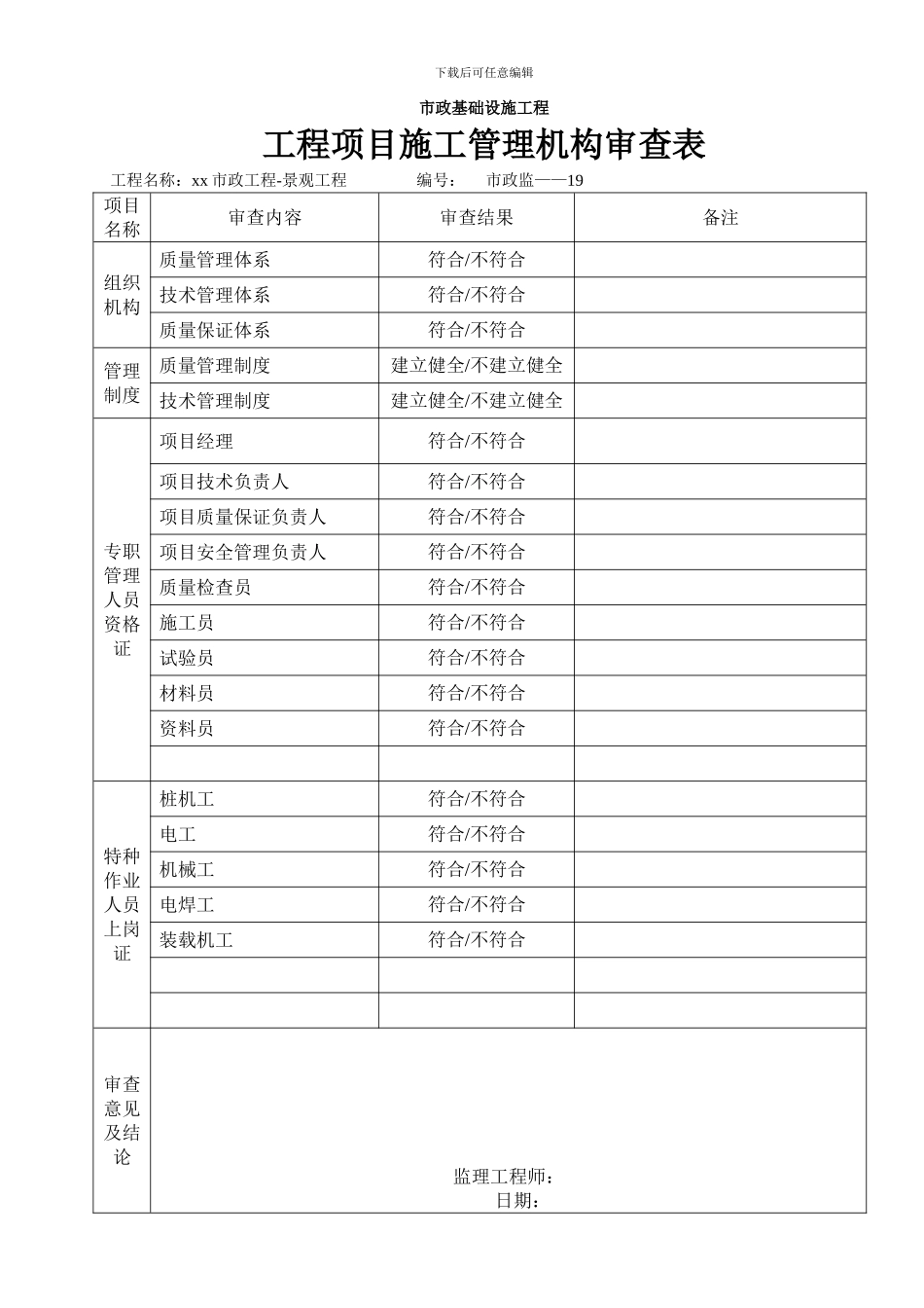 市政工程项目施工管理机构审查表_第1页
