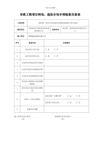 市政工程项目转包、违法分包专项检查自查表