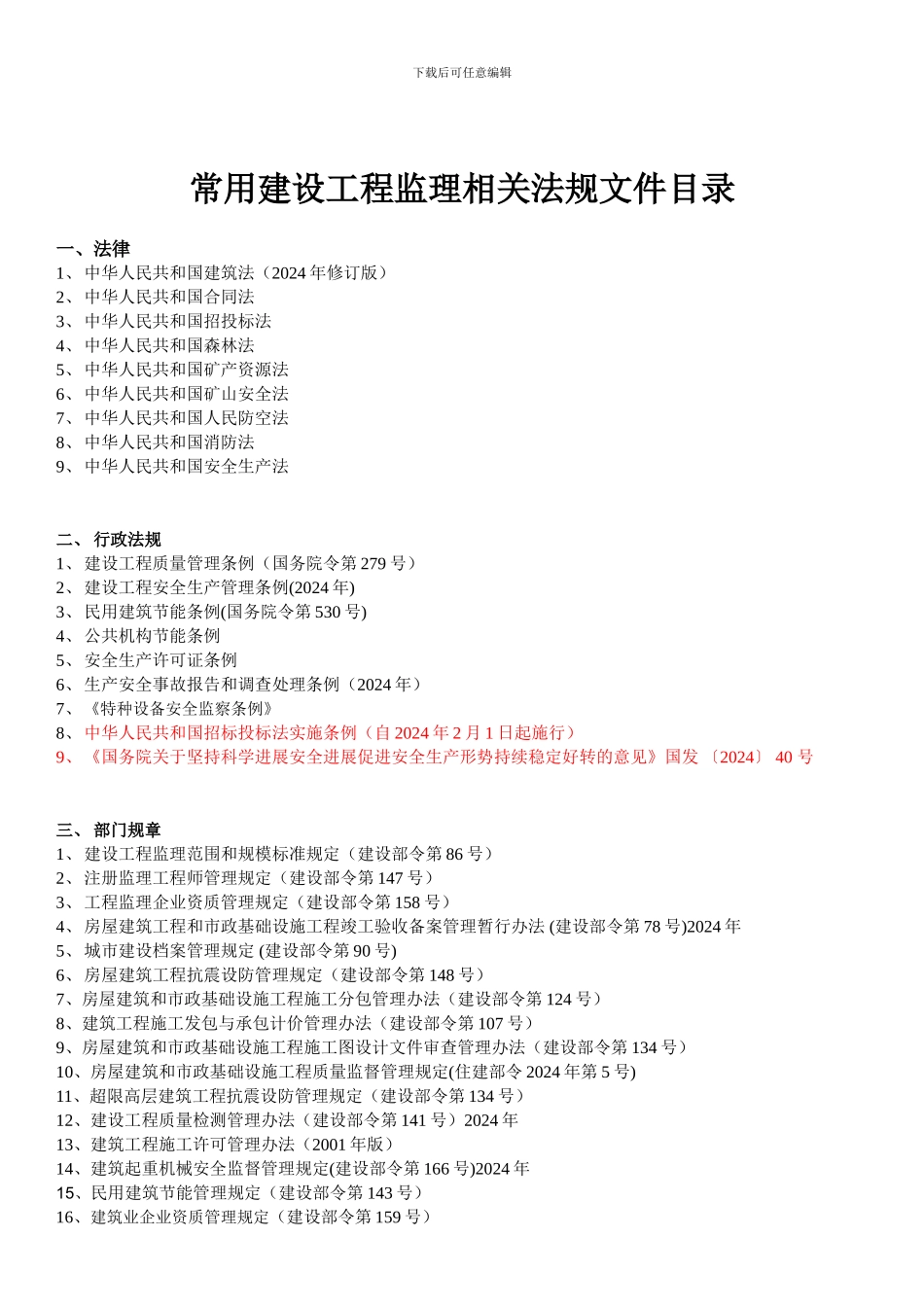 常用建设工程监理相关法规文件目录2024.3.13_第1页