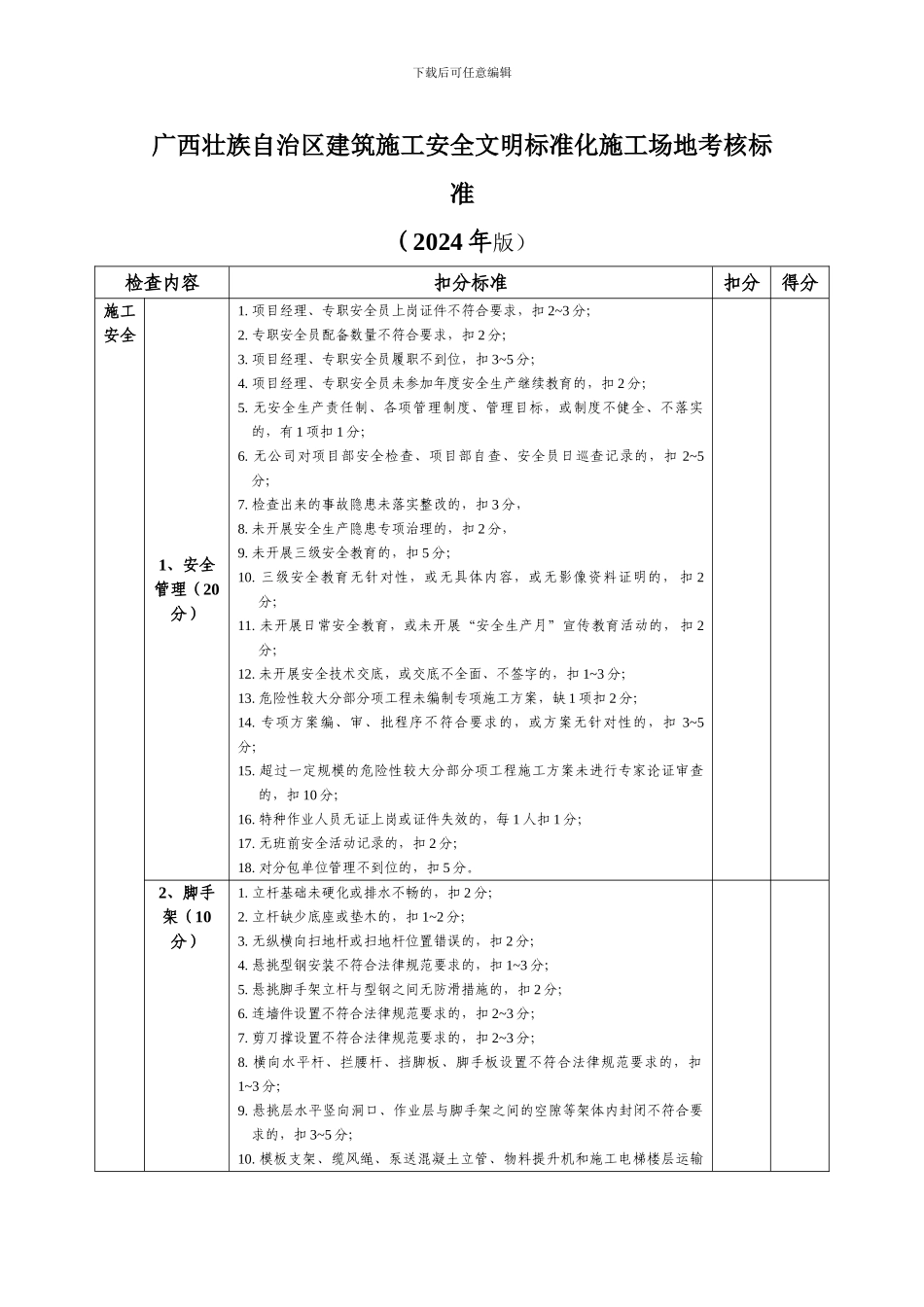 广西壮族自治区建筑施工安全文明标准化工地考核标准2024_第1页