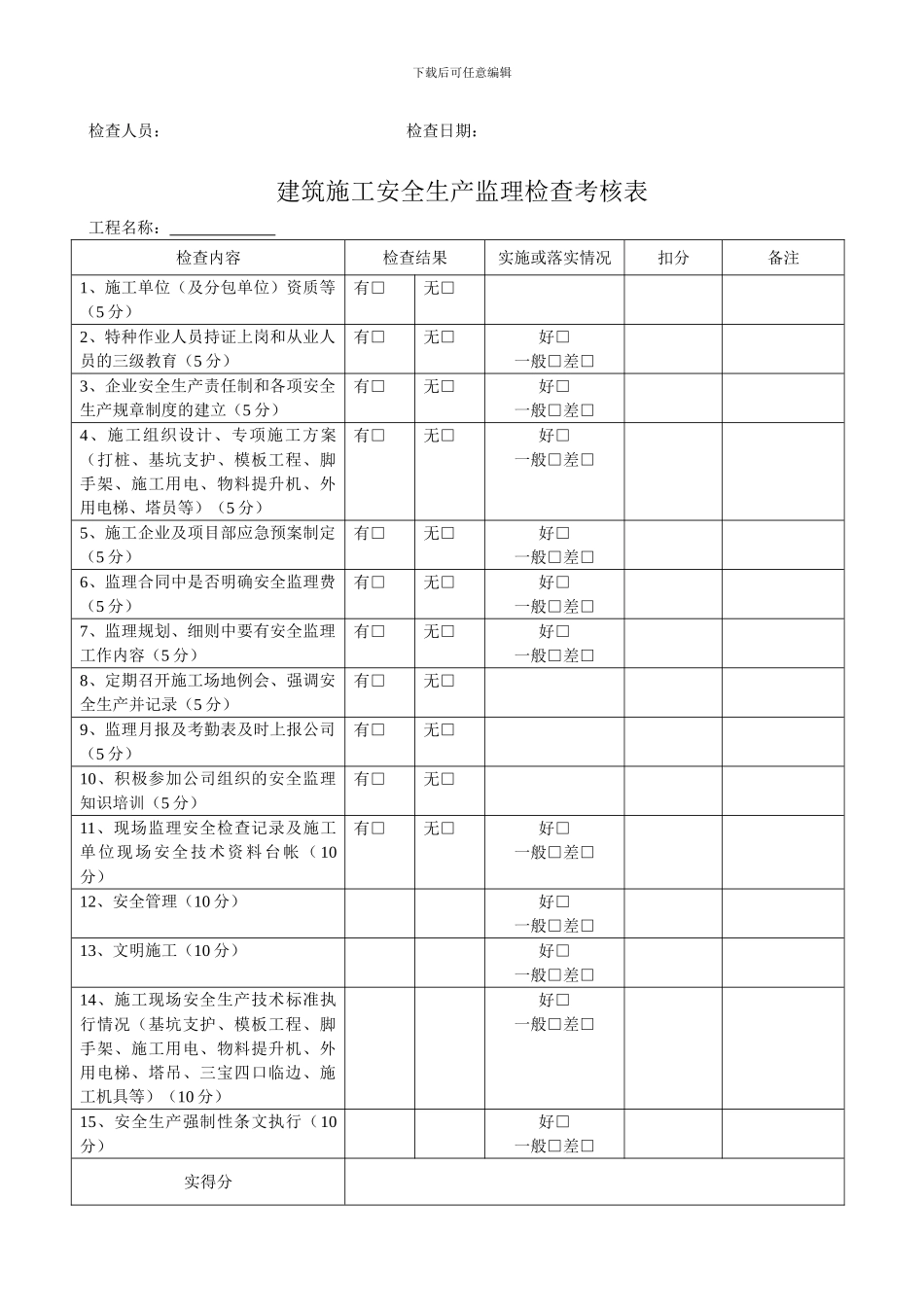 建筑工地施工安全生产监理周检记录及检查考核表_第2页