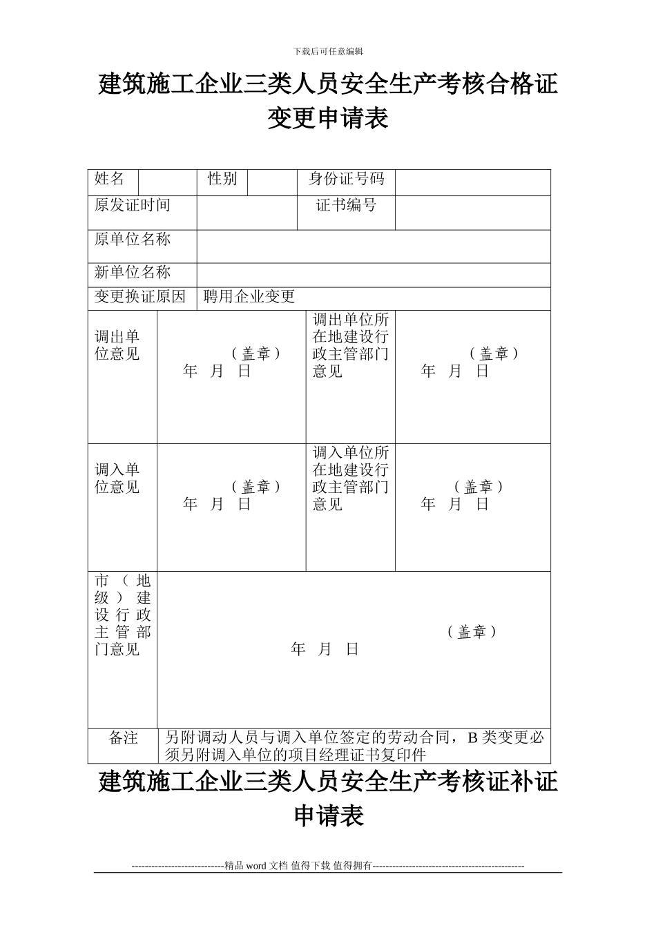 建筑施工企业三类人员安全生产考核合格证变更申请表_第1页