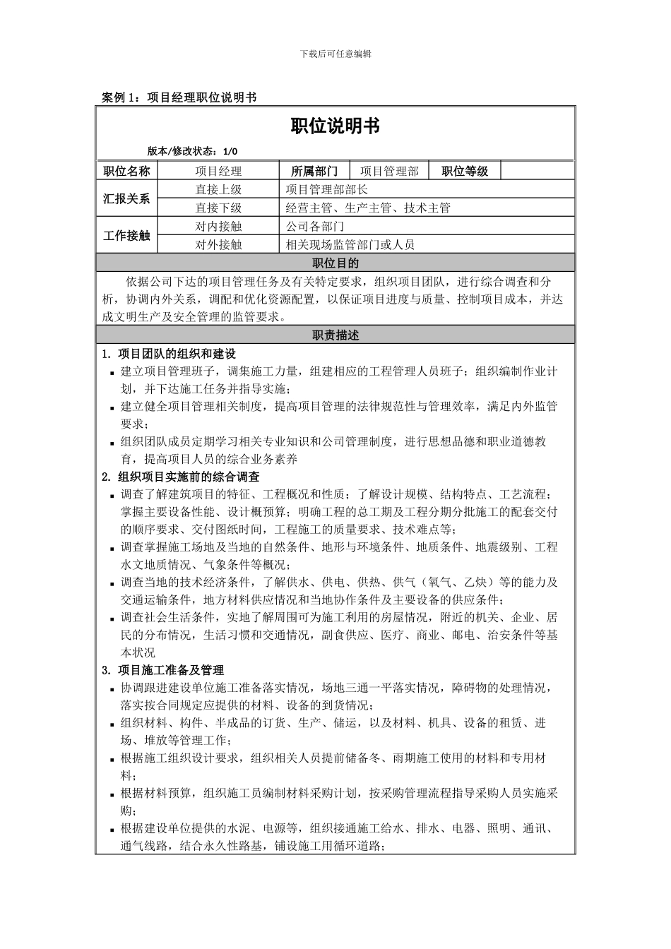 建筑施工企业职位说明书_第1页