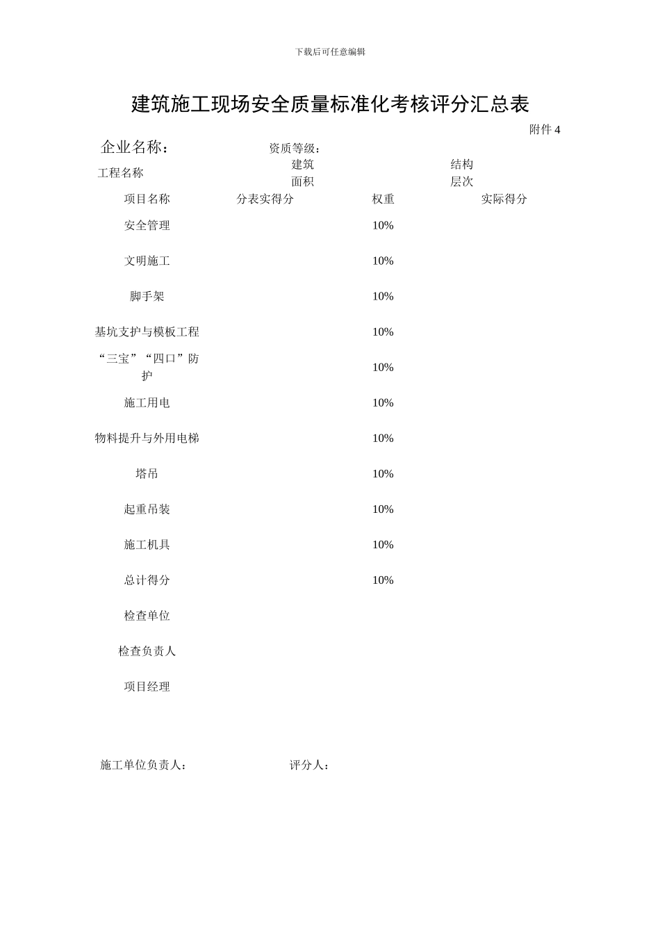 建筑施工现场安全质量标准化考核评分汇总表_第1页