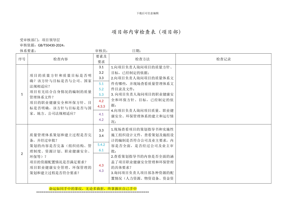 建筑施工项目部内审检查表_第1页