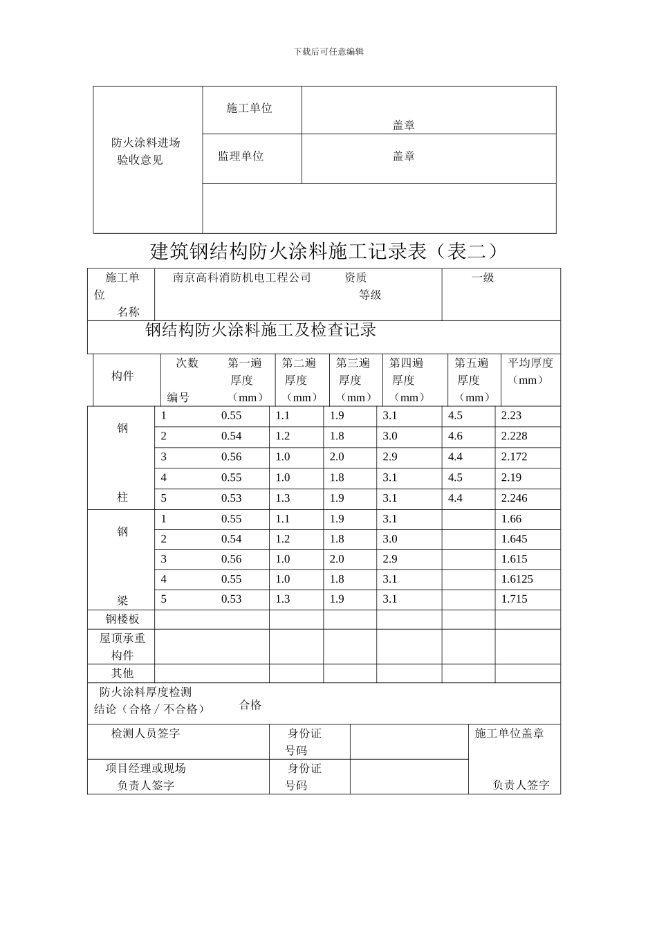 建筑钢结构防火涂料施工记录表1_第3页