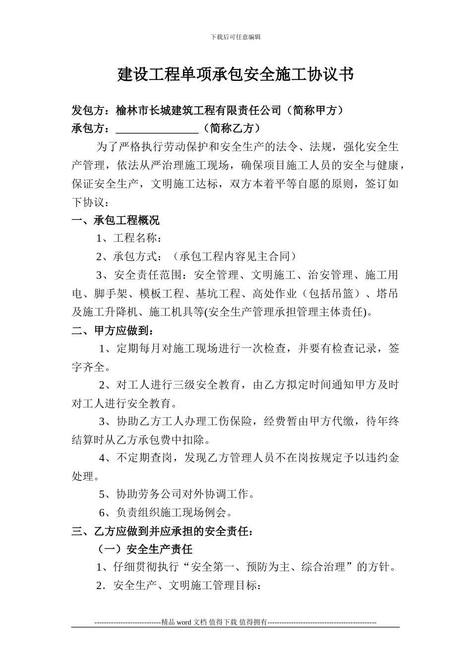 建设工程单项承包安全施工协议书2024_第1页