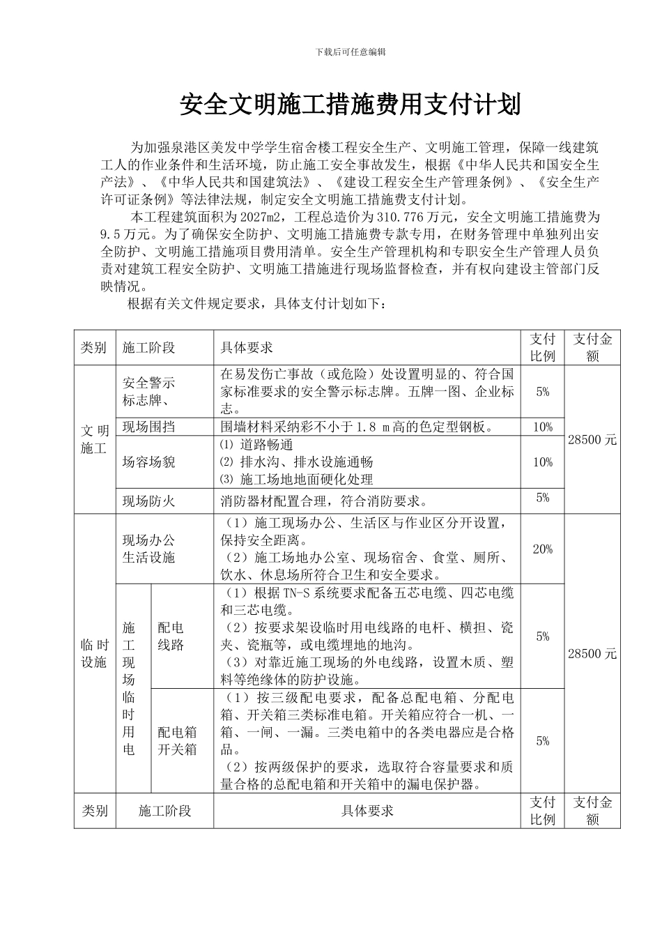 建设工程安全作业环境及安全施工措施费支付计划_第1页