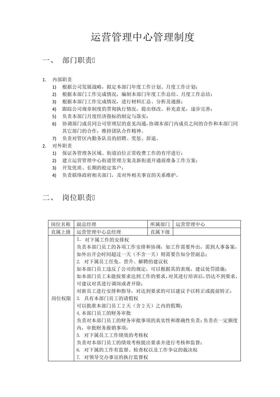 运管中心部门职责、岗位职责、绩效考核标准_第1页