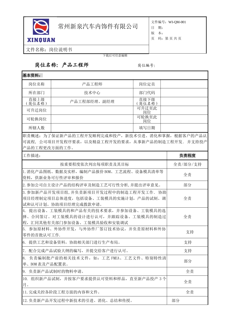 技术中心岗位说明书-产品工程师_第1页
