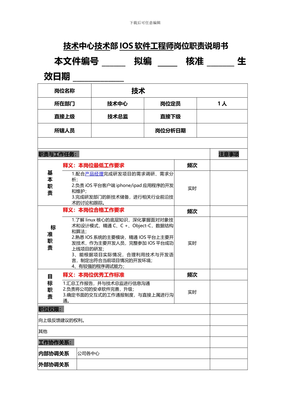 技术中心IOS软件工程师岗位职责说明书_第1页